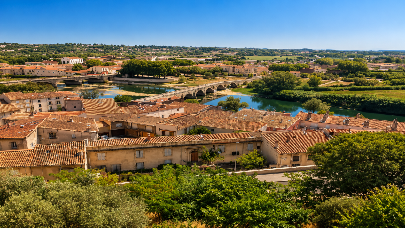 Vue panoramique sur les toits des vieux quartiers de Béziers et l'Orb