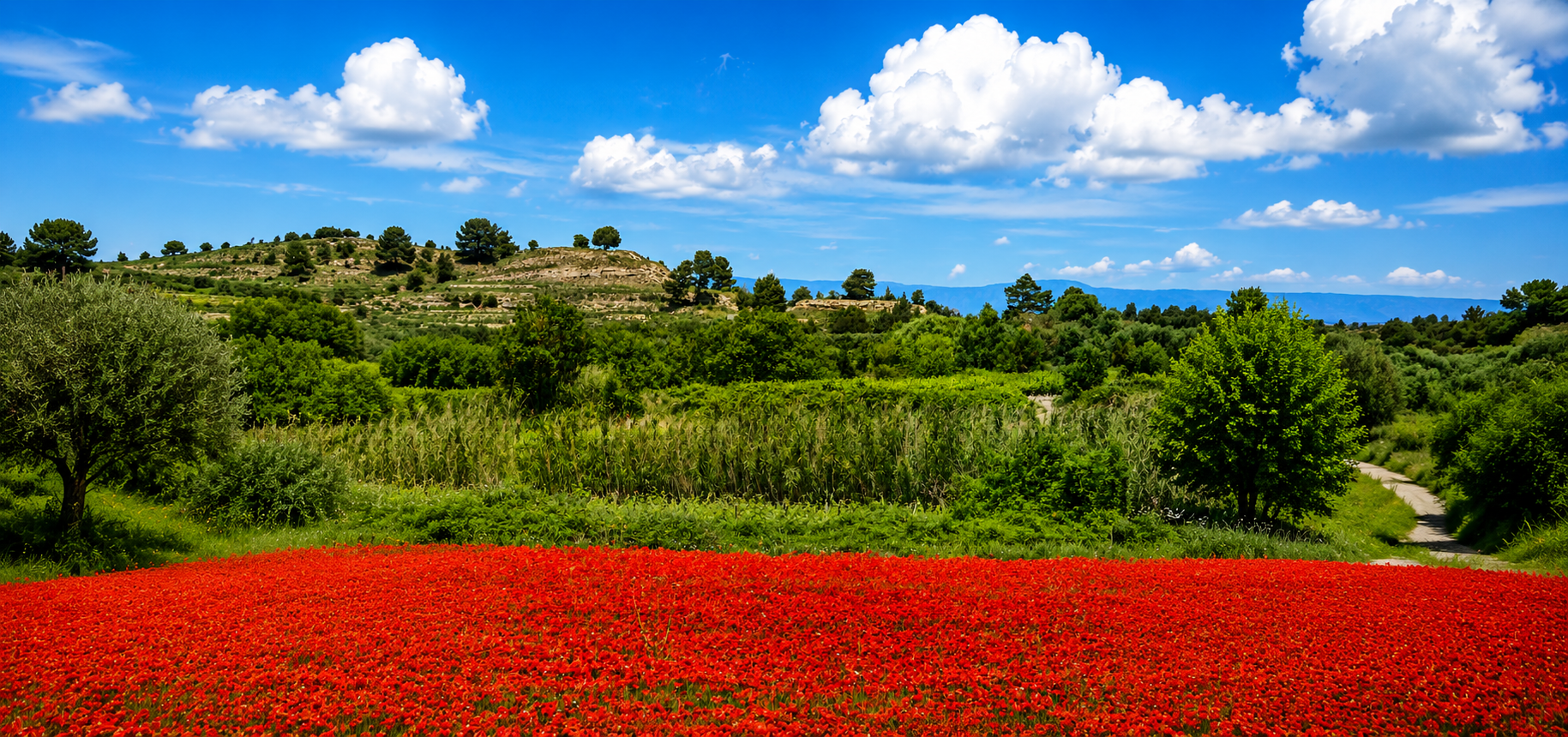 Champs de coquelicots et collines de l'Hérault
